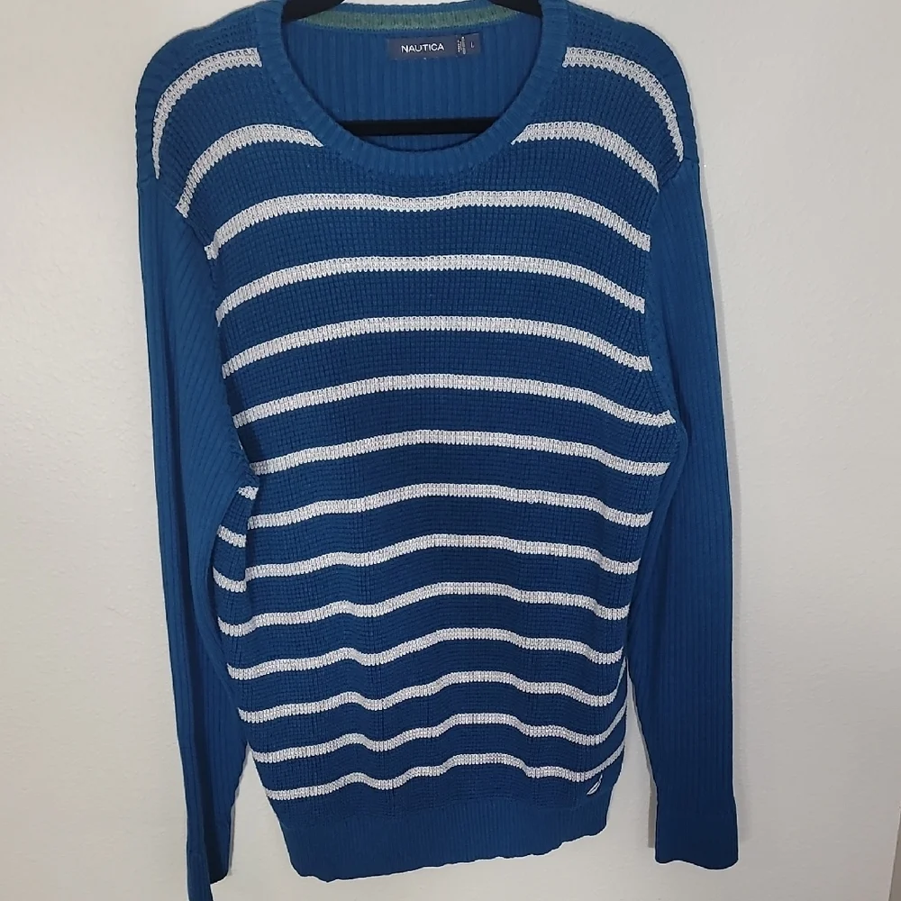 Vintage Nautica Mens 100% Cotton Crewneck Sweater Size L Blue White Stripe Y2K